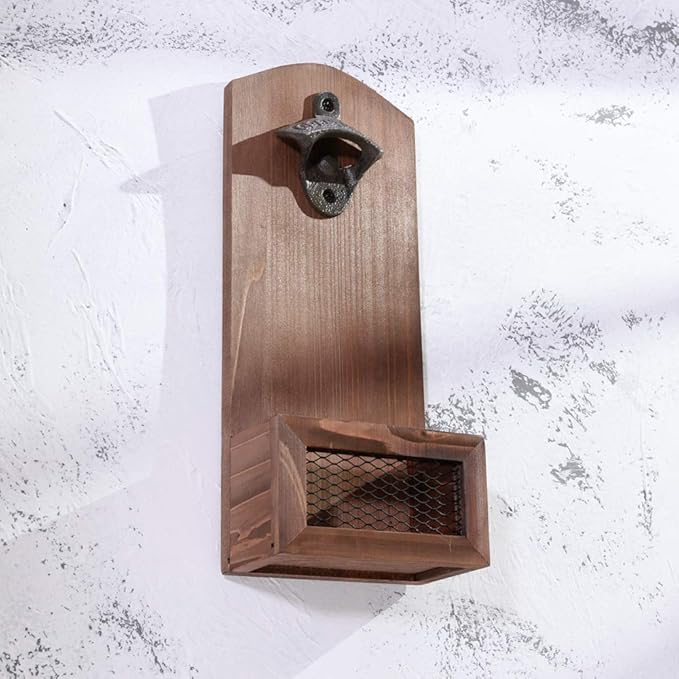 Bottle Opener with Cap Collector Catcher,Vintage Wooden Wall Mounted Bottle Opener，Ideal Gift for Men and Beer Lovers, Use as Bar Decoration.
