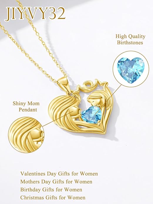 Mother and Daughter/Son Love Heart Necklace White Gold/14K Gold/Rose Gold Birthstone Jewelry Christmas Mothers Day Birthday Gifts For Mom Wife Grandma Women