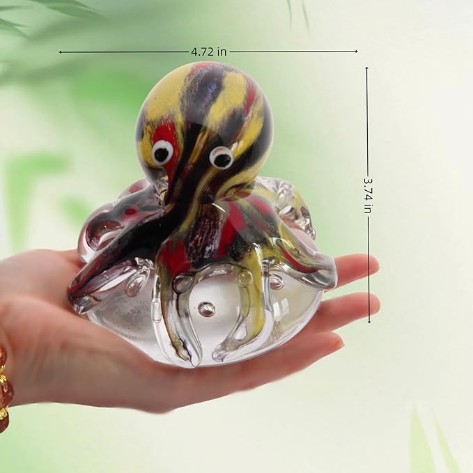 Hand Blown Art Glass Octopus Figurine on Crystal Bubble Ball | Handmade Sea Creature Collectible, Ocean Theme Desk Paperweight & Aquarium Decor