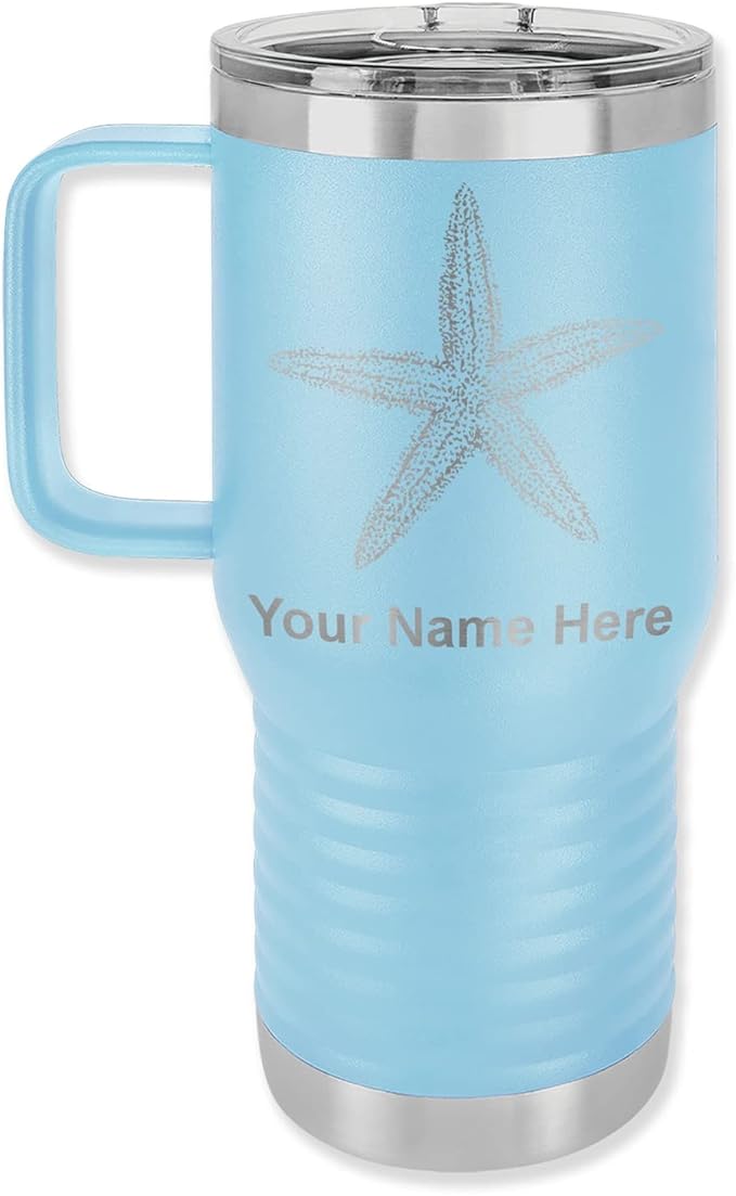 LaserGram 20oz Vacuum Insulated Travel Mug with Handle, Starfish, Personalized Engraving Included (Light Blue)