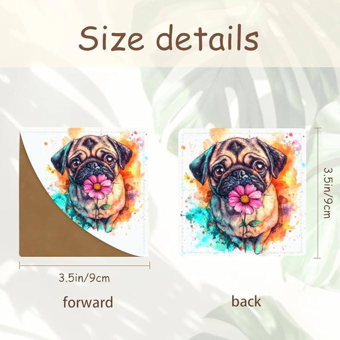 2PCS Leather Bookmarks 3.54 x 3.54 Inch Color Splash Pug with Flower Design Reading Accessories for Books Journals Bibles Travel Diary Students Teachers and Book Lovers Gift