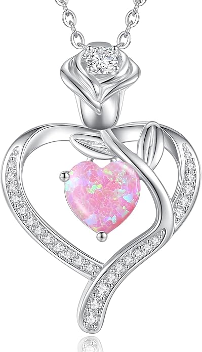 LOUISA SECRET Rose Flower Heart Birthstone Necklaces for Women, 925 Sterling Silver Fine Jewelry, Pendant Heart Necklaces Birthday Anniversary Christmas Gift for Women Wife Mom Girlfriend Lady