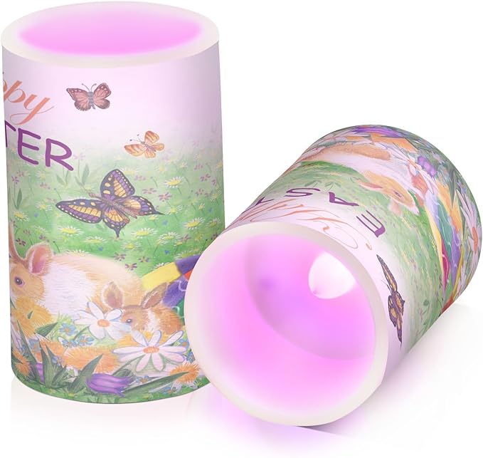 Easter Bunny Eggs Spring Flowers and Butterfly Flickering Flameless Candles Battery Operated with Remote Timer,Tea Light Candles LED Pillar Votive Candles set of 2 for Outdoor Indoor Decorations