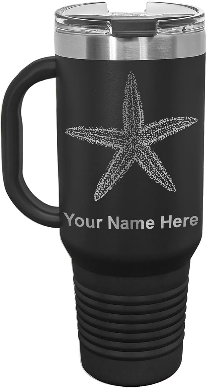 LaserGram 40oz Vacuum Insulated Travel Mug with Handle, Starfish, Personalized Engraving Included (Black)