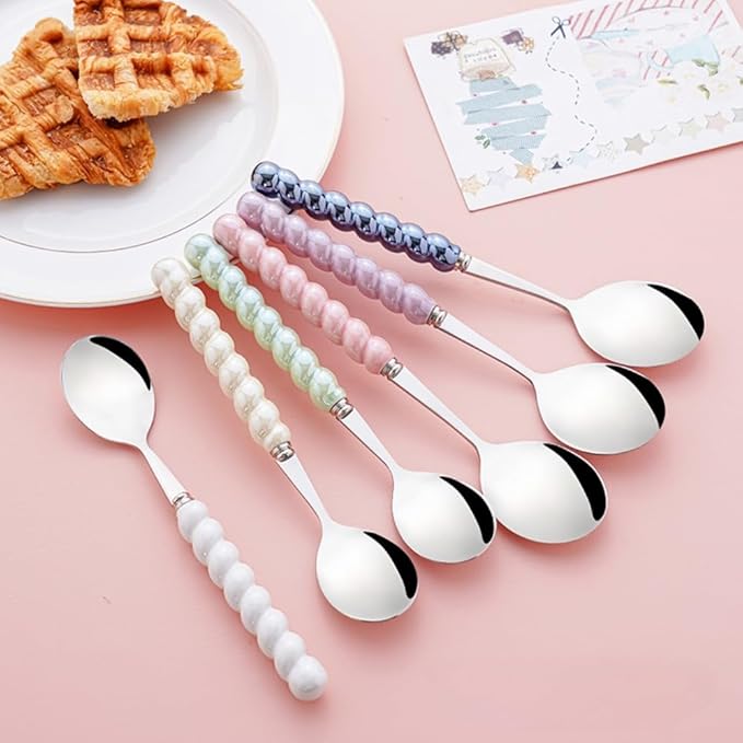 (6 Pieces) 7.48 Inch Exquisite Ceramic Spoon Household Stainless Steel Eating and Drinking Soup Spoon Coffee Spoon Tea Spoon (Beige)
