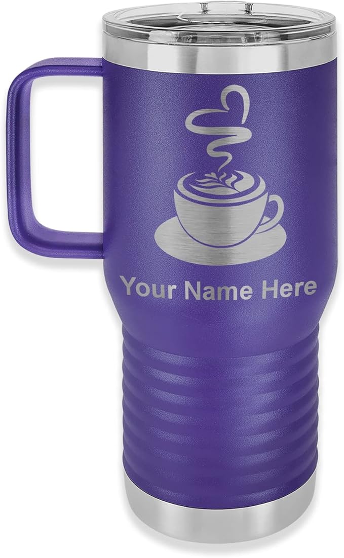 LaserGram 20oz Vacuum Insulated Travel Mug with Handle, Cup of Coffee, Personalized Engraving Included (Dark Purple)