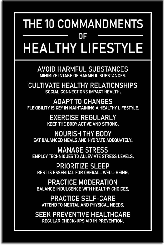 The 10 Commandments Of Healthy Lifestyle Motivational Canvas Wall Art Inspirational Exercise Healthy Growth Quote Poster Painting Prints for Office Living Room Home Decor Framed Artwork[12''W x 18''H]