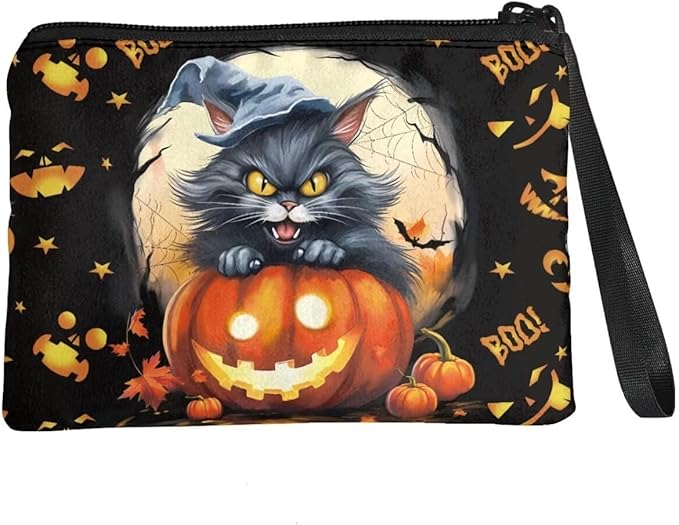 Dolyues Halloween Coin Purse Black Cat Small Change Purse Card Holder Black Wallet for Women Men Portable Zipper Coin Purse Mini Change Wallet