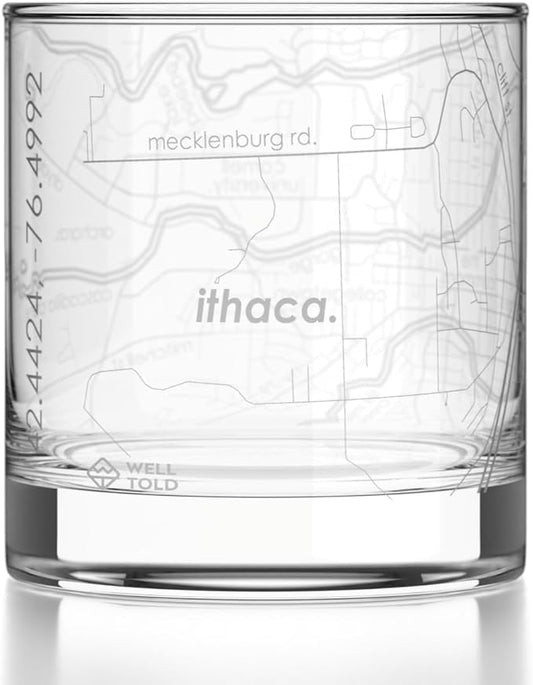 Well Told Engraved Ithaca New York Map Rocks Glass, Old Fashioned Glassware (11 oz, Clear) Etched Bourbon Tumbler, Gifts For Whiskey Lovers