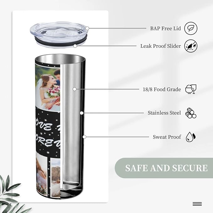 Personalized Custom tumbler Coffee Mug with Lid and Straw Hot and Cold Stainless Steel Vacuum Insulated Travel Mug with Photo Personalized tumbler Gift (20 oz, Cylinder, 6 photos
