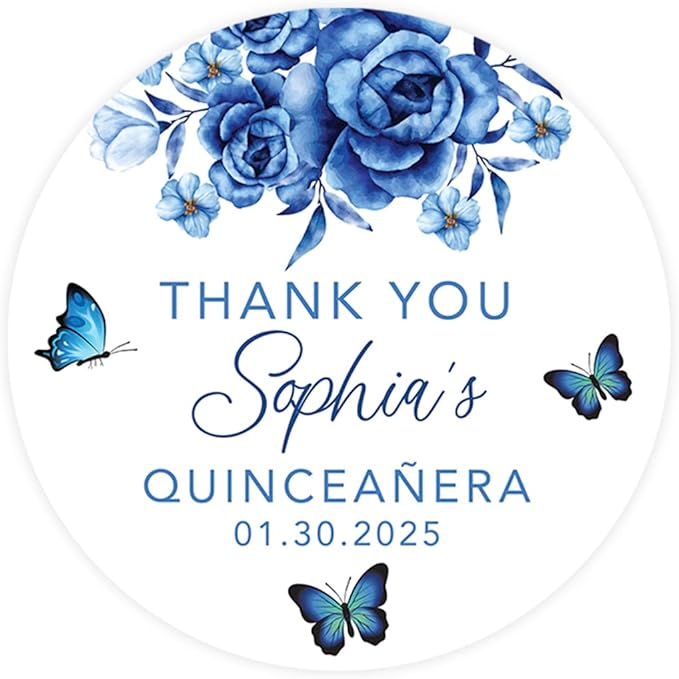 Andaz Press 40-Pack Personalized 2" Round Circle Quinceañera Labels, Blue Butterflies Custom Sticker Labels for Mis Quince Años Favors, Invitations, XV, 15th Birthday Quinceanera Decorations