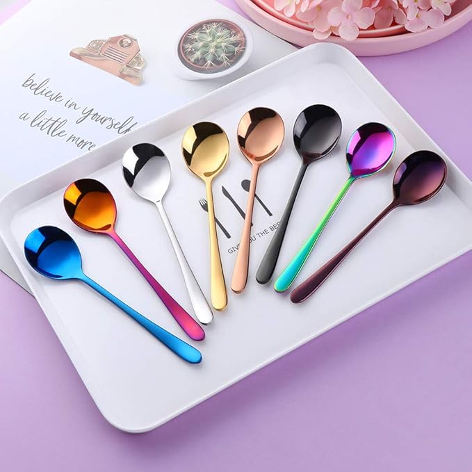 Buyer Star Teaspoons 5.5-Inch Mini Coffee Spoons Stainless Steel Sugar Demitasse Espresso Spoons (8 color-round spoons)