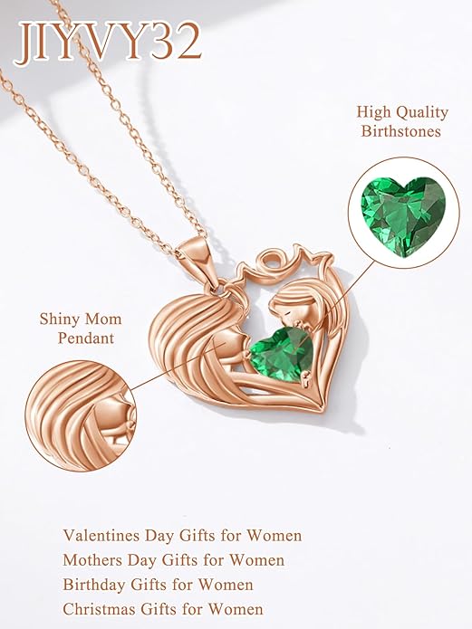 Mother and Daughter/Son Love Heart Necklace White Gold/14K Gold/Rose Gold Birthstone Jewelry Christmas Mothers Day Birthday Gifts For Mom Wife Grandma Women