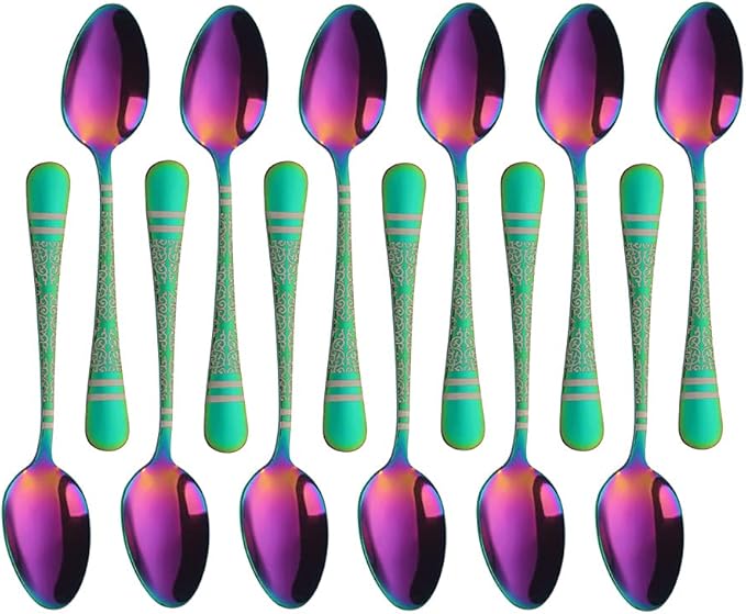 Rainbow Unique Pattern Design Coffee Espresso Spoons Mini, Mingcheng Stainless Steel Small Teaspoons Silverware Set of 12, BISDARUN 5.5 Inches Food Spoons for Demitasse Dessert Tea