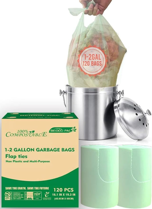 BEIDOU-PAC 1-2 Gallon Flap Tie Compostable Trash Bags, 120 Count Small Compost Bags, Biodegradable Kitchen Garbage Bags, Food Scrap Waste Bags for Countertop Bin, ASTM D6400, US BPI Certified