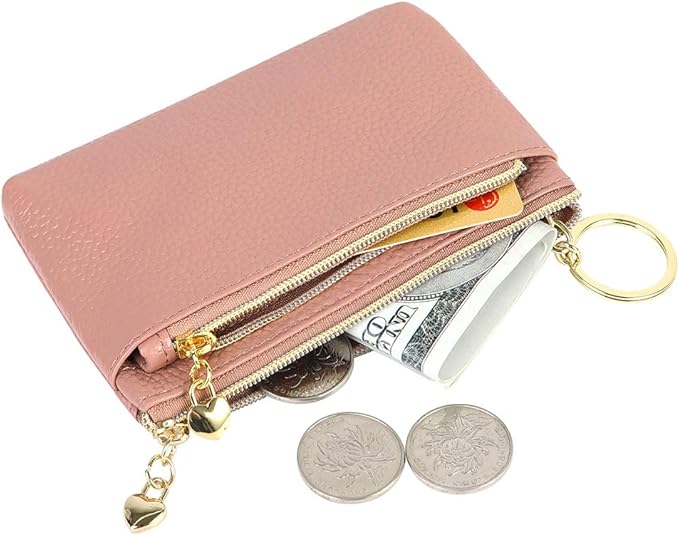 Women's Genuine Leather Coin Purse Zipper Pocket Size Pouch Change Wallet, Dark Pink