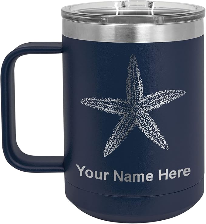 LaserGram 15oz Vacuum Insulated Coffee Mug, Starfish, Personalized Engraving Included (Navy Blue)