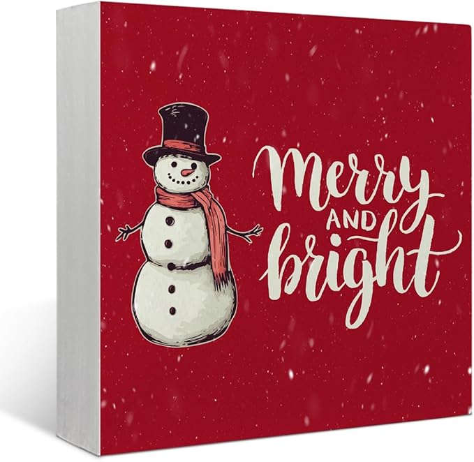 Mtrgdn Christmas Snowman Decor, Merry Christmas Decorations Indoor, Christmas Decor for Table Wood Box Sign,winter Decor for Home Table ,Red Farmhouse Winter Wooden Decorations Merry and Bright