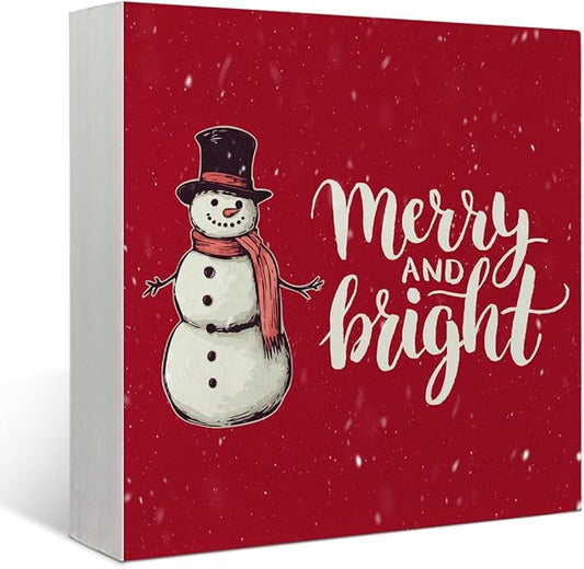 Mtrgdn Christmas Snowman Decor, Merry Christmas Decorations Indoor, Christmas Decor for Table Wood Box Sign,winter Decor for Home Table ,Red Farmhouse Winter Wooden Decorations Merry and Bright