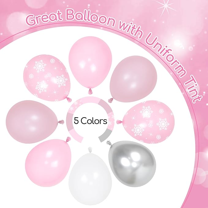 60pcs Snowflake Balloons, Pink and Silver Balloons with Snowflake Confetti Pearl Pink Metallic Silver Balloon for Baby Shower Birthday Party Decorations