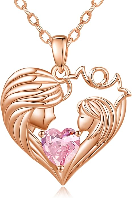 Mother and Daughter/Son Love Heart Necklace White Gold/14K Gold/Rose Gold Birthstone Jewelry Christmas Mothers Day Birthday Gifts For Mom Wife Grandma Women