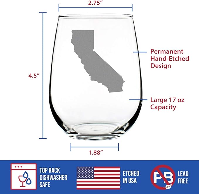Bevvee California State Outline - Stemless Wine Glass - State Themed Drinking Decor and Gifts for Californians - Large 17 Ounce