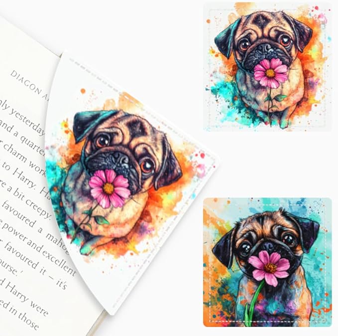 2PCS Leather Bookmarks 3.54 x 3.54 Inch Color Splash Pug with Flower Design Reading Accessories for Books Journals Bibles Travel Diary Students Teachers and Book Lovers Gift