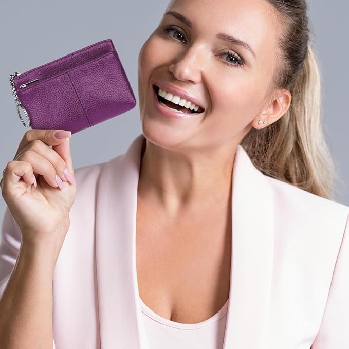 Genuine Leather Wallet Double Zipper Coin Purse Keychain Lychee Mini Change Pocket for Women (Purple)