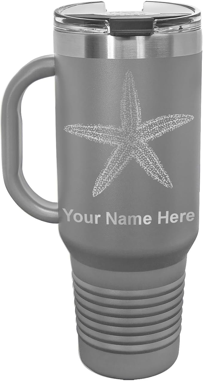 40oz Vacuum Insulated Travel Mug with Handle, Starfish, Personalized Engraving Included (Gray)