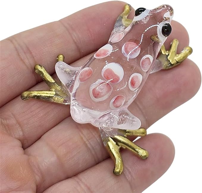 WitnyStore 1¾" Clear Gold Pink Dot Frog Artistic Blown Glass Figurine Premium Hand-Blown Statue Tabletop Decoration Unique Collectible for Adult Collectors Handcrafted Elegant Home Room Decor