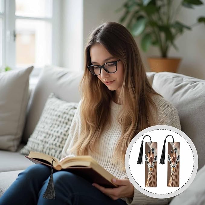 Giraffe Bookmarks 5 Pcs with Tassels Animal Cute Brown Spots Wooden Bookmarks for Reading Women Students Teacher Reader