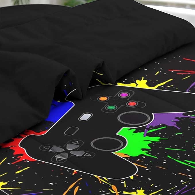 Comforter Set Twin Size, Gamepad Computer Game 5 Pcs Bedding for Kids and Adults, Play Video Gaming Bed Sheet Sets with Fitted Sheet Pillowcase & Sham for Bedroom Bed Decor