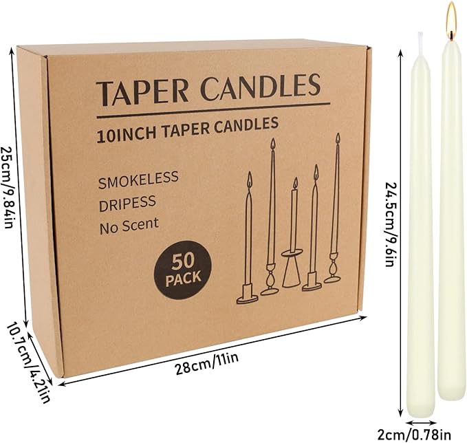 50 Pack Ivory Taper Candles, 7-8 Hours Burn Time, Unscented, Smokeless and Dripless, 4/5 x 10 Inch for Christmas,Household,Dinner,Wedding,Valentine's Day,Party and Home Décor Candlesticks