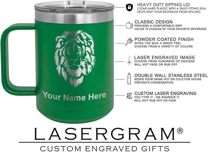 LaserGram 15oz Vacuum Insulated Coffee Mug, Widow Spider, Personalized Engraving Included (Green)