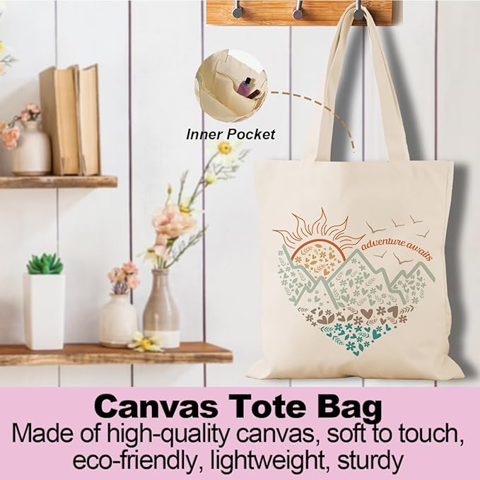 jeilink Cute Mountain Adventure Sunshine Canvas Tote Bag Camping Gifts Weekender Grocery Bags for Women Girls