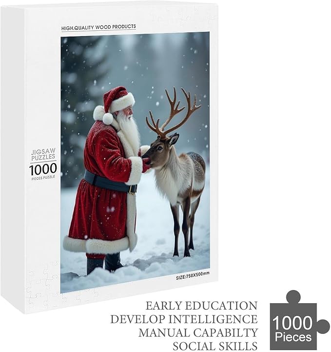 Puzzles for Adults 1000 Pieces Wooden Jigsaw Puzzle - Santa Claus and Reindeer Christmas Series Theme Puzzle，Party Games，Family Toys，Educational Puzzles，Stress Relief Wooden Puzzle，Home Decoration