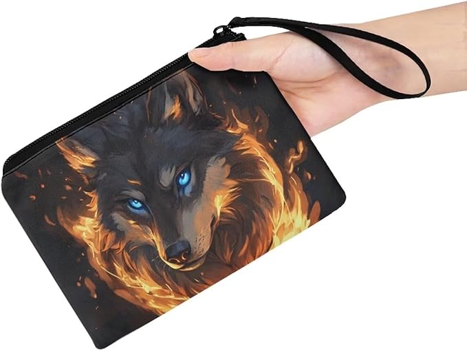 Dolyues Wolf Fire Coin Purse Pouch Animal Print Coin Change Purses Cool Coin Holders For Kids Zipper Wallet with Hand Wristlet Lightweight and Portable