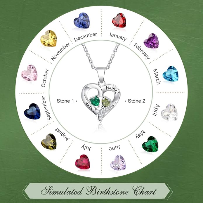 Sterling Silver Personalized 2 Names Necklace with 2 Heart Simulated Birthstone Couple Pendant Necklace for Women