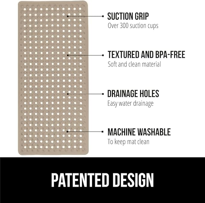 GORILLA GRIP Patented Bath Tub Shower Mat, Machine Washable Bathtub Floor Liner Mats, Suction Cups and Drain Holes to Keep Tubs Clean, Soft on Feet, Bathroom Essentials, 35x16 Inch, Beige