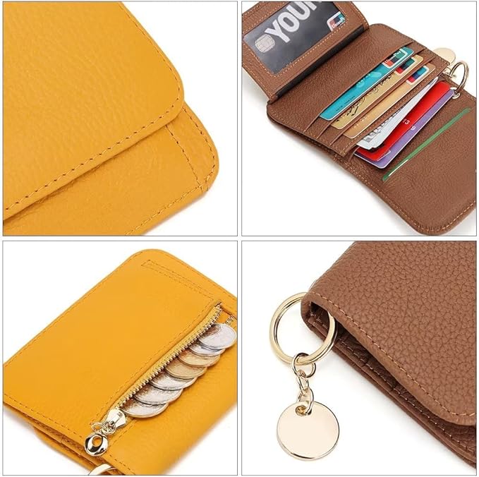 Mudono Small Wallet for Women RFID Blocking Genuine Leather Card Case Slim Tri-Fold Wallet with Zipper Pocket and Keychain