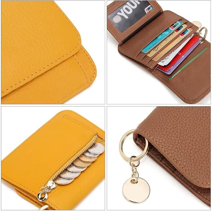 Mudono Small Wallet for Women RFID Blocking Genuine Leather Card Case Slim Tri-Fold Wallet with Zipper Pocket and Keychain