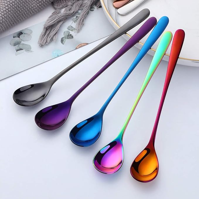 Buyer Star 8-Inch Long Handle Iced Tea Spoons, Ice Cream Spoon, Stainless Steel Cocktail Stirring Spoons, Set of 8 (Coloured)