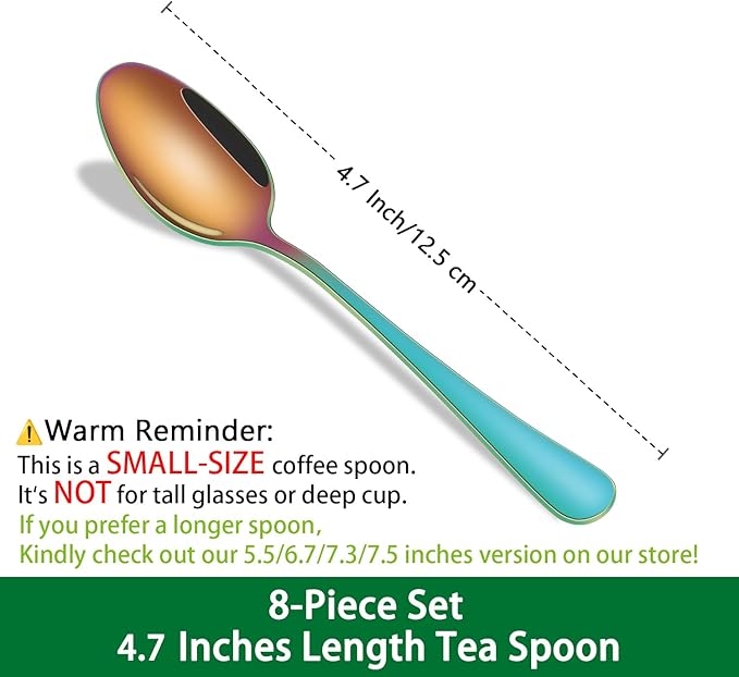 4.7 Inch Coffee Spoon,Set Of 8 Stainless Steel Colorful Espresso Spoon,Rainbow Tea Spoons,Cute Multicolored Mini Spoons For Dessert,Caviar,Seasoning