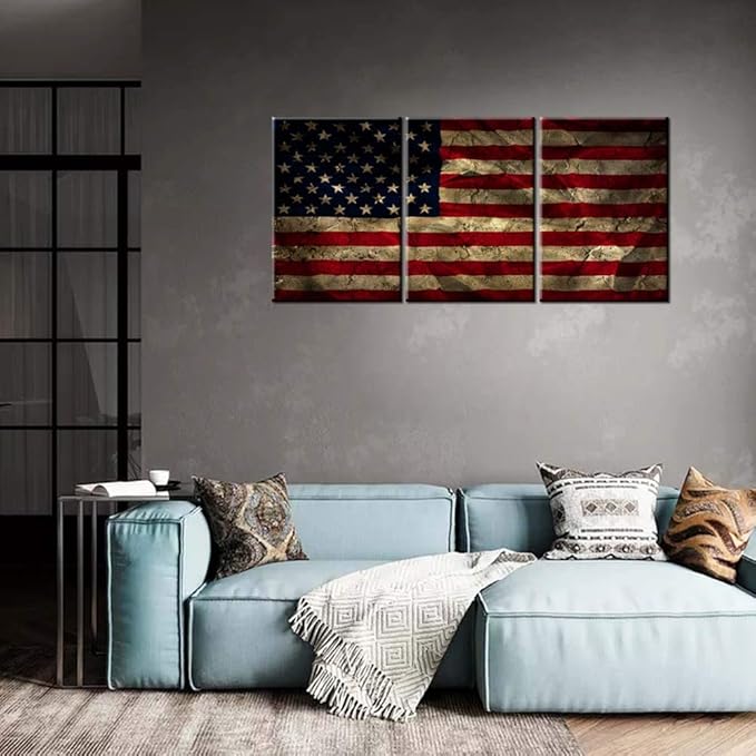 American Flags Retro Pictures Stars Striped Grunge Paintings for Living Room 3 Panel Canvas Prints Wall Art Freedom Symbol Artwork House Decoration Framed Gallery-Wrapped Ready to Hang(48''Wx24''H)