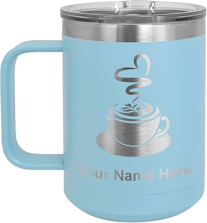 LaserGram 15oz Vacuum Insulated Coffee Mug, Cup of Coffee, Personalized Engraving Included (Light Blue)