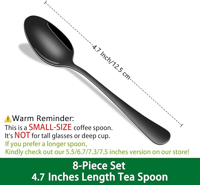 4.7 Inch Coffee & Tea Spoons,8-Piece Black Stainless Steel Espresso Spoon Set,Durable Small Teaspoon,Dishwasher Safe Mini Spoons For Dessert
