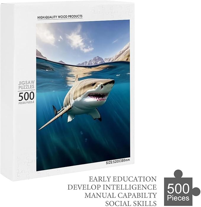 Puzzles for Adults 500 Pieces Wooden Jigsaw Puzzle - Shark on The Water Theme Puzzle，Party Games，Family Toys，Educational Puzzles，Stress Relief Wooden Puzzle，Gifts for Family，Colleagues and Friends