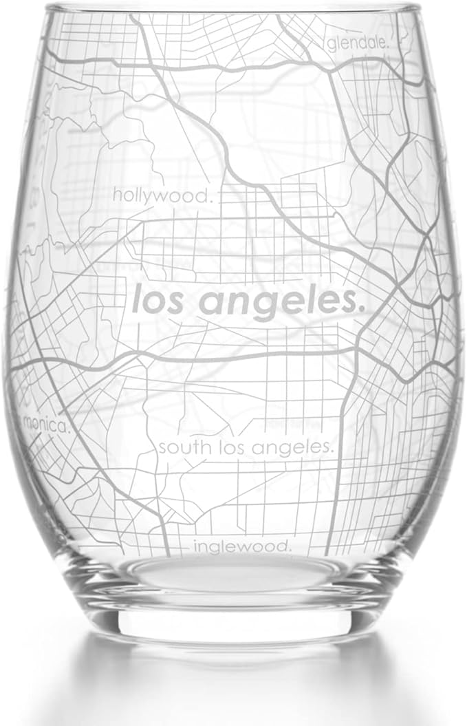 Well Told Engraved Los Angeles California Map Stemless Wine Glass, Etched Glass (15 oz, Clear) City Custom Gifts for Lovers