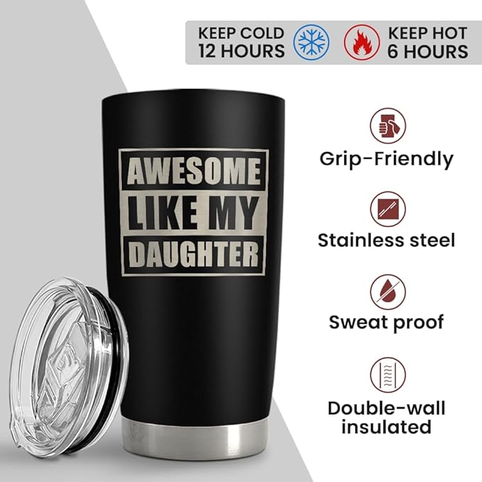SANDJEST Gift from Daughter to Dad - 20oz Tumbler with Lid for Father - Insulated Stainless Steel Mug - Funny Coffee Mug for Outdoor Travel Sport Office, Gifts for Birthday Father’s Day