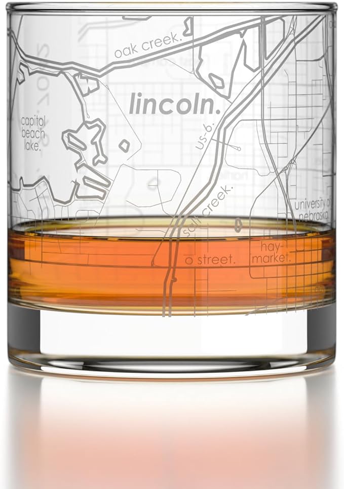 Well Told Engraved Lincoln Nebraska Map Rocks Glass, Old Fashioned Glassware (11 oz, Clear) Etched Bourbon Tumbler, Gifts For Whiskey Lovers